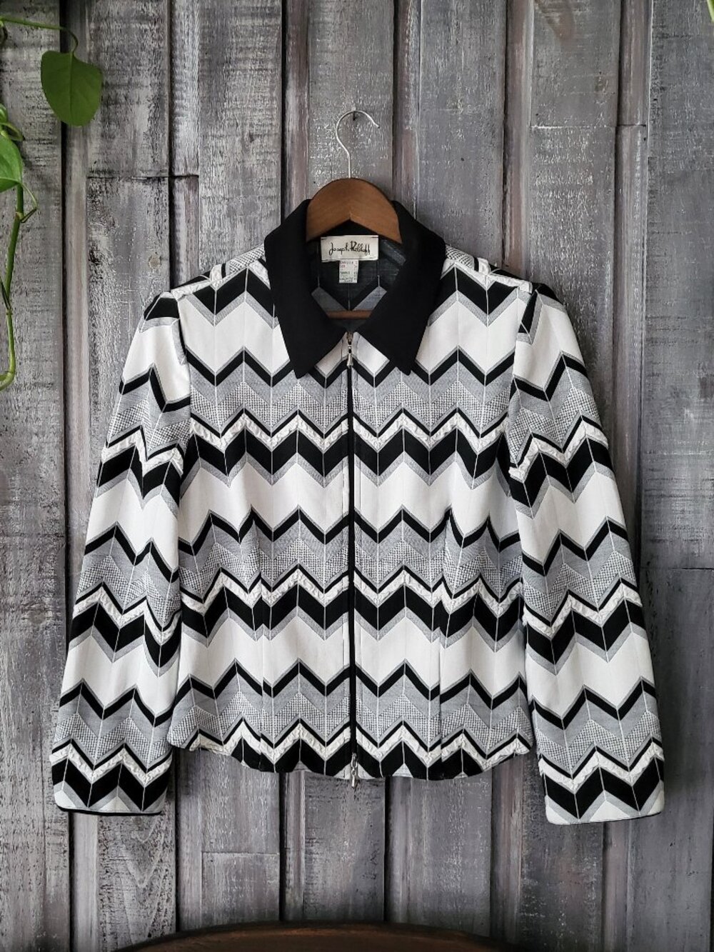 Joseph Ribkoff Chevron Zip Up Jacket Black White Size 10